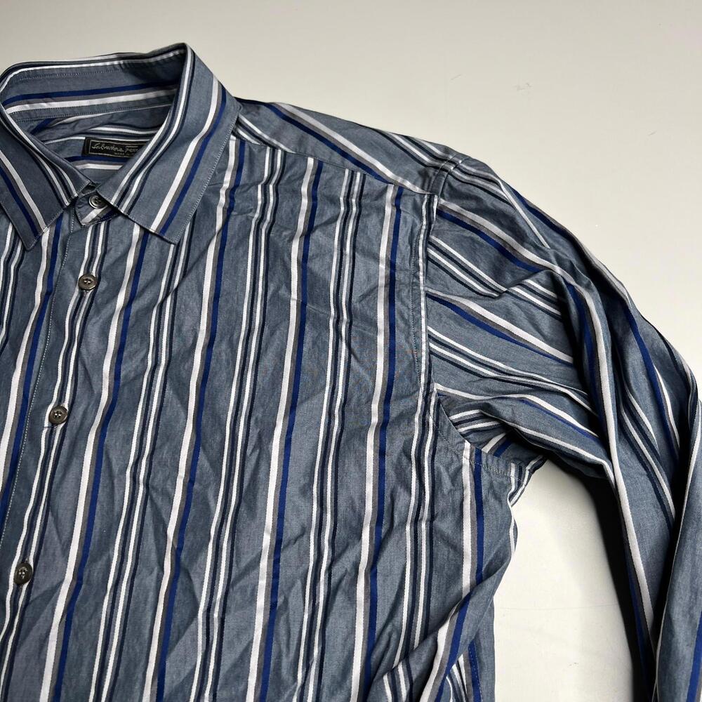 Salvatore Ferragamo Striped Button Up Shirt Blue White Cotton Made in Italy L - Picture 3 of 8